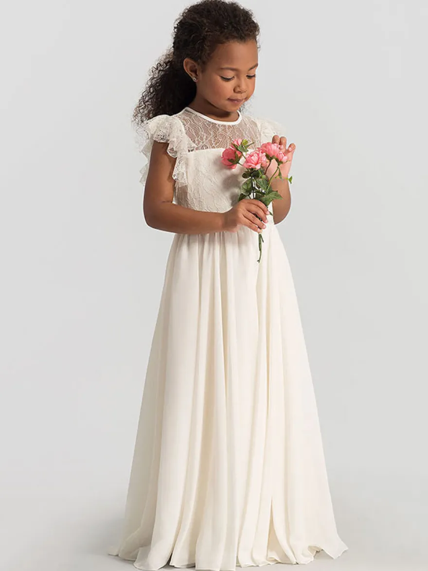 Robe cérémonie fille robe cortège enfant col rond sans manche zip sur dos au sol