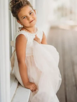 Robe cérémonie fille robe cortège enfant ivoire dos en V décoré des perles avec ceinture longueur cheville