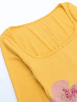 Robe côtelée à strass et fleurs pour femme - Robe moulante mini jaune à manches longues et col carré - Collection printemps-été 2026