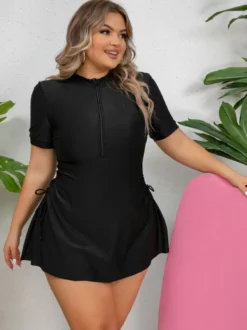 Robe de bain noire grande taille à jupe zippée sur le devant