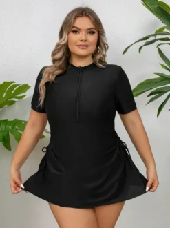 Robe de bain noire grande taille à jupe zippée sur le devant