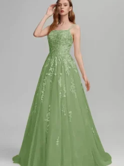 Robe de bal A-Line Col carré en dentelle sans manches en dentelle Robes d'invité de mariage