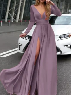Robe de bal 2026 A-line col en v en soie élastique comme satin Robes de soirée plissées sur le devant à manches longues