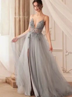 Robe de bal A-Line Col en V Tulle Sans manches Fendue devant Robes de soirée