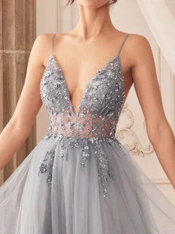 Robe de bal A-Line Col en V Tulle Sans manches Fendue devant Robes de soirée