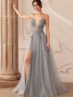 Robe de bal A-Line Col en V Tulle Sans manches Fendue devant Robes de soirée