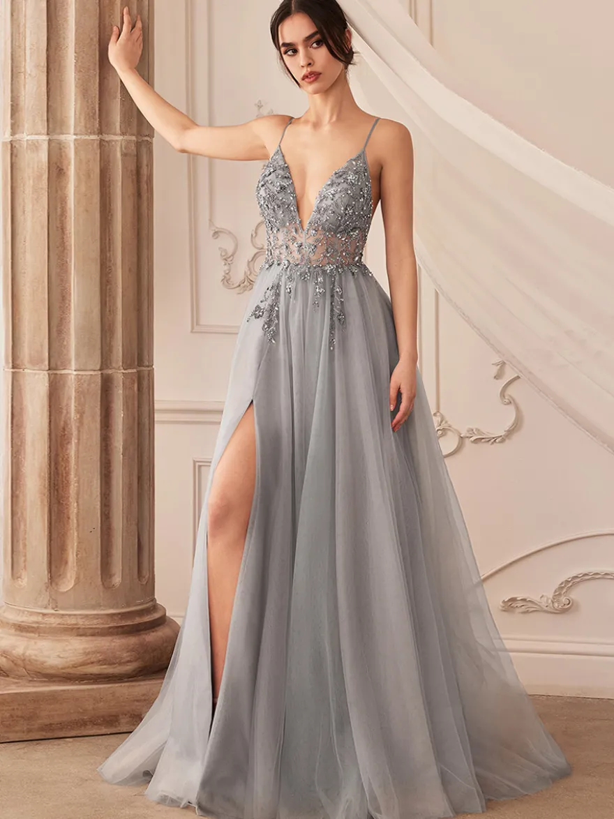Robe de bal A-Line Col en V Tulle Sans manches Fendue devant Robes de soirée