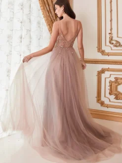 Robe de bal A-Line Col en V Tulle Sans manches Fendue devant Robes de soirée