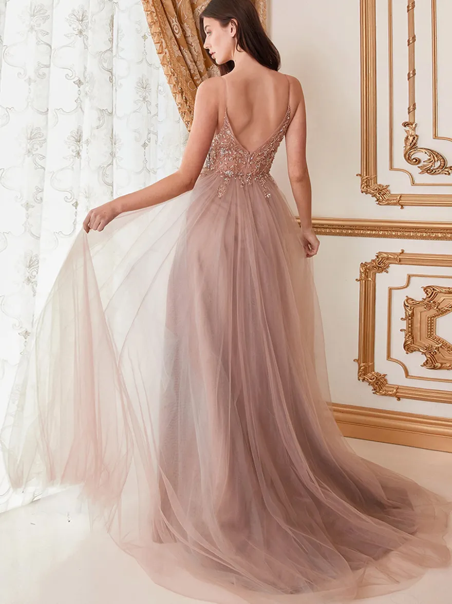 Robe de bal A-Line Col en V Tulle Sans manches Fendue devant Robes de soirée