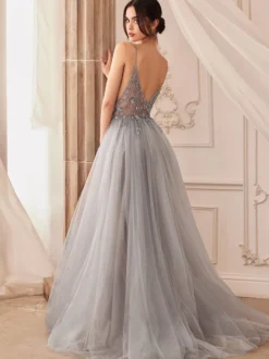 Robe de bal A-Line Col en V Tulle Sans manches Fendue devant Robes de soirée