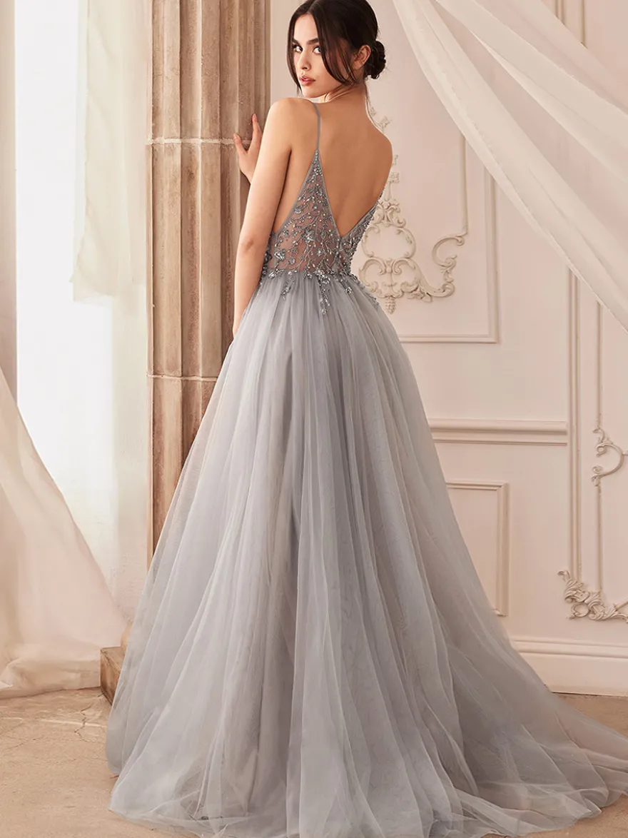 Robe de bal A-Line Col en V Tulle Sans manches Fendue devant Robes de soirée