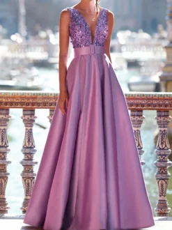 Robe de bal Col en V A-ligne Robes de soirée sans manches