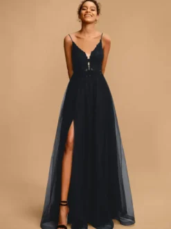 Robe de bal Col en V A-ligne Sans manches Paillettes Robes de soirée