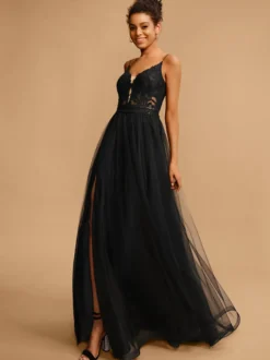 Robe de bal Col en V A-ligne Sans manches Paillettes Robes de soirée
