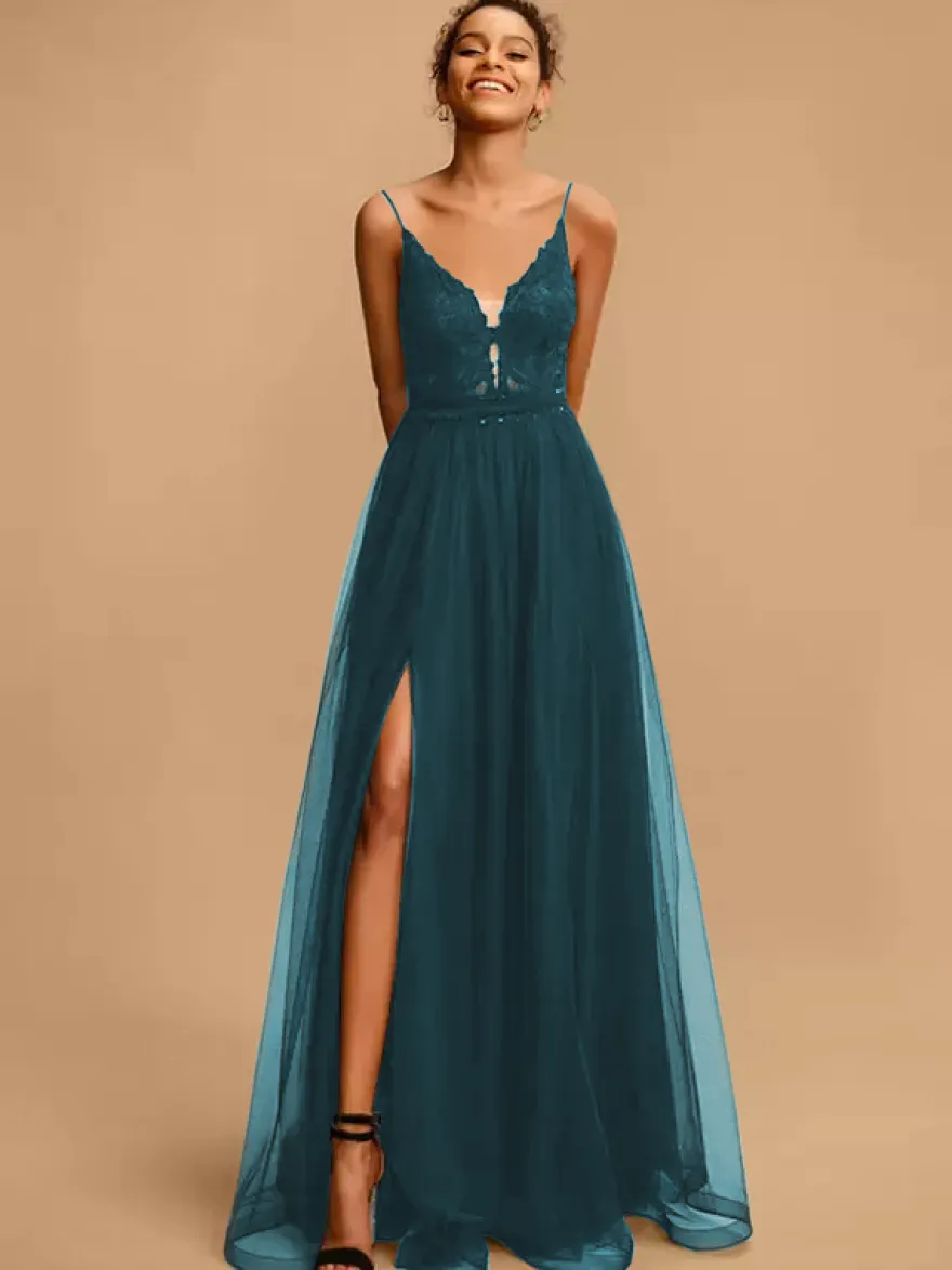 Robe de bal Col en V A-ligne Sans manches Paillettes Robes de soirée