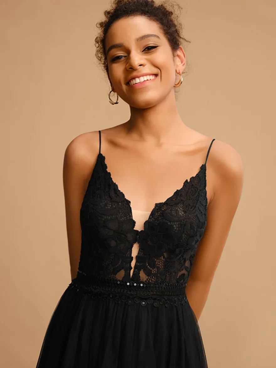 Robe de bal Col en V A-ligne Sans manches Paillettes Robes de soirée