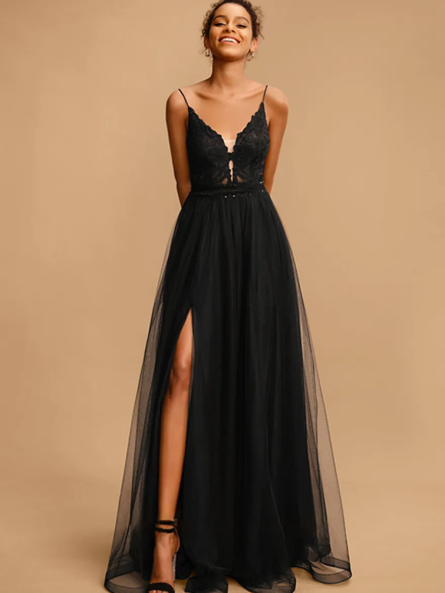 Robe de bal Col en V A-ligne Sans manches Paillettes Robes de soirée