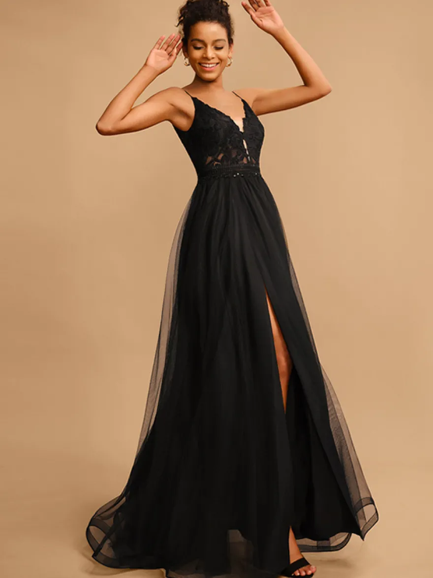 Robe de bal Col en V A-ligne Sans manches Paillettes Robes de soirée