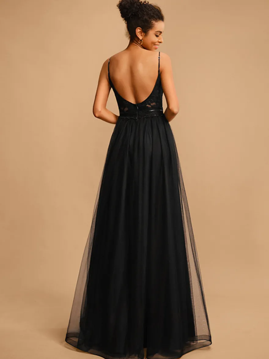 Robe de bal Col en V A-ligne Sans manches Paillettes Robes de soirée