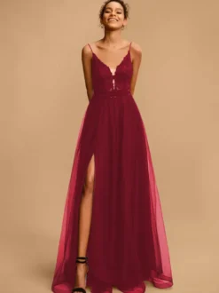 Robe de bal Col en V A-ligne Sans manches Paillettes Robes de soirée