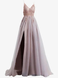 Robe de bal en dentelle col en V ligne a manches courtes robes de soirée