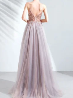 Robe de bal en dentelle col en V ligne a manches courtes robes de soirée