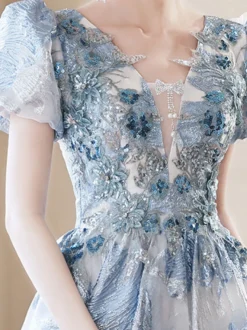 Robe de bal en dentelle col en V ligne a manches courtes robes de soirée