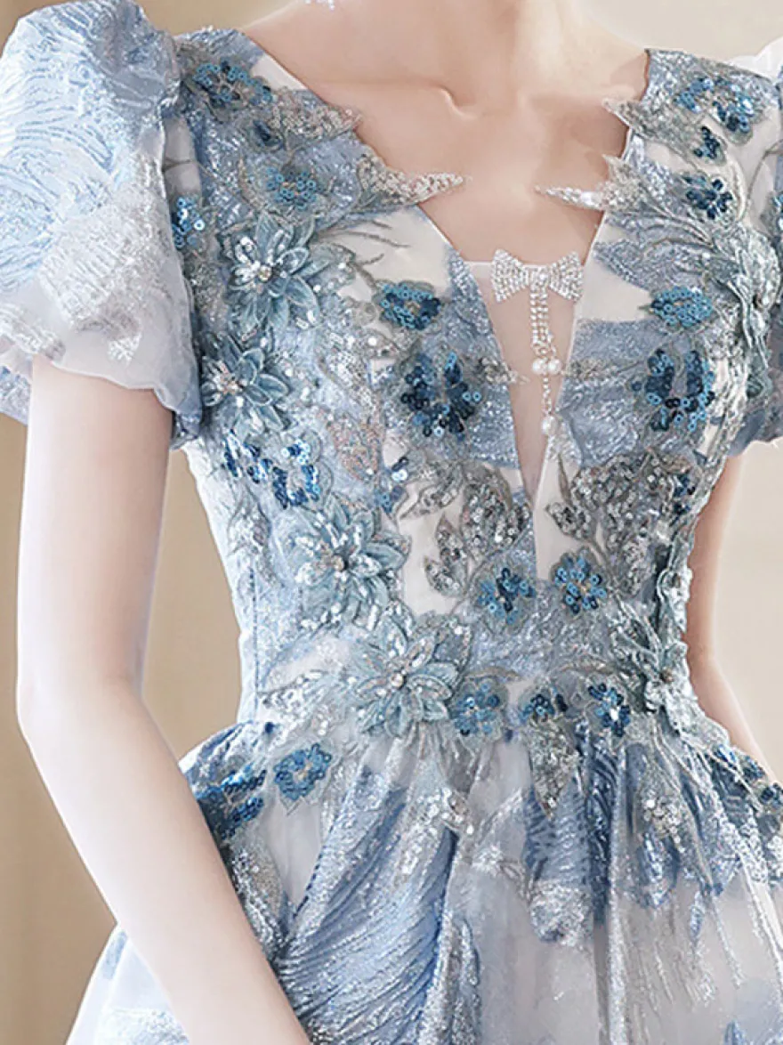 Robe de bal en dentelle col en V ligne a manches courtes robes de soirée
