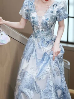 Robe de bal en dentelle col en V ligne a manches courtes robes de soirée