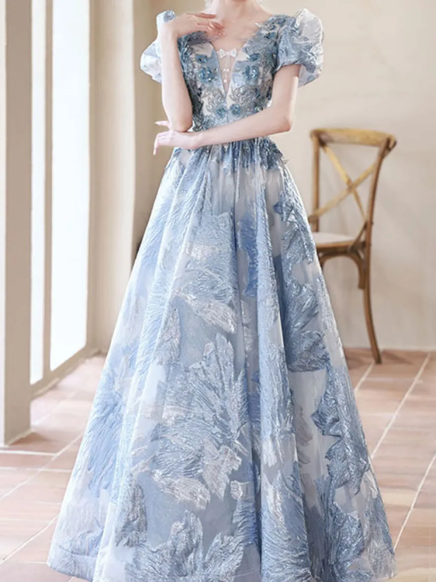 Robe de bal en dentelle col en V ligne a manches courtes robes de soirée