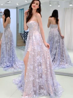 Robe de bal en dentelle sans bretelles A-ligne sans manches robes de soirée en dentelle personnalisation gratuite