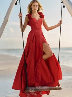 Robe de bal en taffetas col en cœur ligne a sans manches fleurs robes de soirée