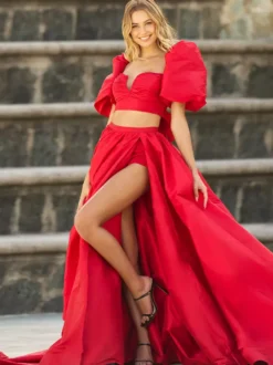 Robe de bal en taffetas col en cœur robe de bal manches courtes fendue sur le devant robes de soirée