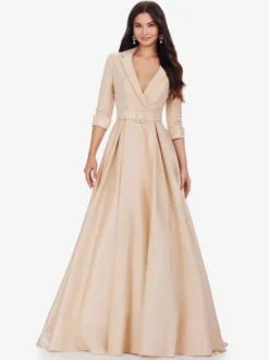 Robe de bal en tissu satiné col en V ligne a demi-manches ceinture robes de soirée