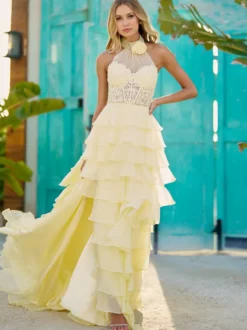 Robe de bal en tissu satiné col haut sans manches robes de soirée plissées