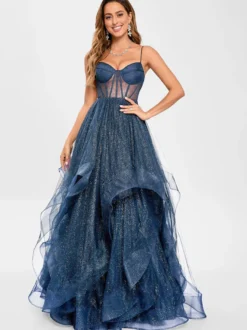 Robe de bal en tulle col en V silhouette de princesse sans manches robes d'invitées de mariage