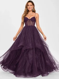 Robe de bal en tulle col en V silhouette de princesse sans manches robes d'invitées de mariage