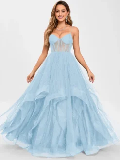 Robe de bal en tulle col en V silhouette de princesse sans manches robes d'invitées de mariage