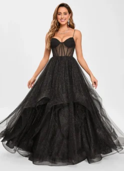 Robe de bal en tulle col en V silhouette de princesse sans manches robes d'invitées de mariage
