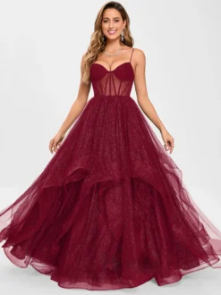 Robe de bal en tulle col en V silhouette de princesse sans manches robes d'invitées de mariage