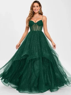 Robe de bal en tulle col en V silhouette de princesse sans manches robes d'invitées de mariage