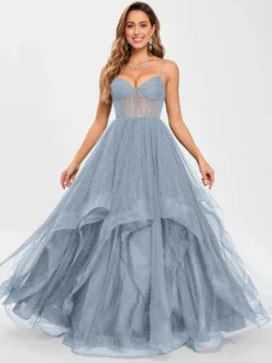 Robe de bal en tulle col en V silhouette de princesse sans manches robes d'invitées de mariage