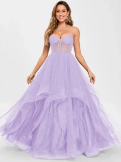Robe de bal en tulle col en V silhouette de princesse sans manches robes d'invitées de mariage