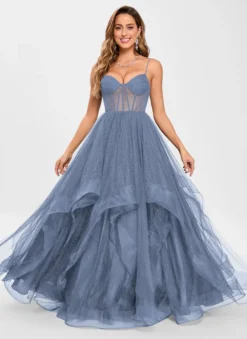Robe de bal en tulle col en V silhouette de princesse sans manches robes d'invitées de mariage
