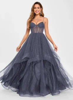 Robe de bal en tulle col en V silhouette de princesse sans manches robes d'invitées de mariage