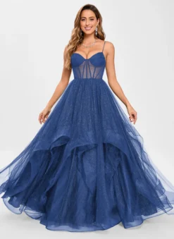 Robe de bal en tulle col en V silhouette de princesse sans manches robes d'invitées de mariage