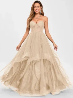 Robe de bal en tulle col en V silhouette de princesse sans manches robes d'invitées de mariage