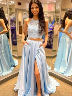 Robe de bal Halter deux pièces sans manches en dentelle robes de soirée