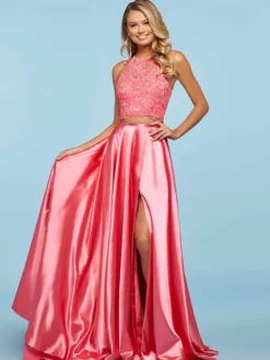 Robe de bal Halter deux pièces sans manches en dentelle robes de soirée