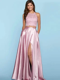 Robe de bal Halter deux pièces sans manches en dentelle robes de soirée